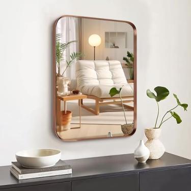 Imagem de Umzodo Espelho de banheiro de bronze escovado de 40,6 x 61 cm para parede, espelho retangular arredondado com moldura de metal para pendurar na entrada do banheiro, sala de estar, quarto, vertical ou