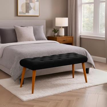 Imagem de Banqueta Classic Retangular para Cama Preto Suede Pés De Madeira Estofada Decorativo