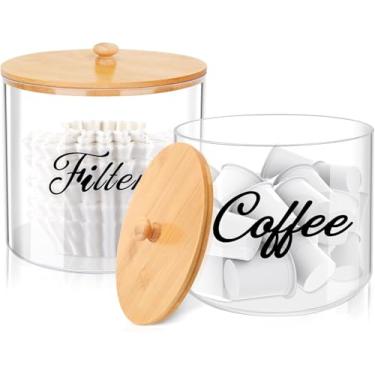 Imagem de Suporte de cápsulas de café com tampa de bambu, suporte para copo K organizador de 12,7 cm e 15,24 cm, suporte de filtro de café para cápsulas Keurig para balcão, recipiente de creme de café