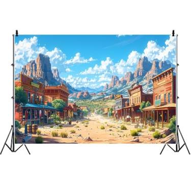 Imagem de Yeele 3 x 2,4 m Fundo de desenho animado ocidental fantasia céu azul nuvens brancas montanhas ocidentais cenário de rua do oeste selvagem para festa de aniversário de caubói decoração de chá de bebê