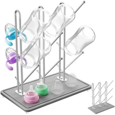 Imagem de NiHome Escorredor de mamadeira com base de diatomita e moldura de aço inoxidável, organizador de bancada dobrável comporta 9 mamadeiras, suporte para economia de espaço para garrafas de água, tampas