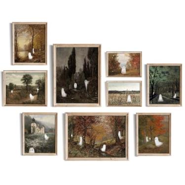 Imagem de uniro Impressões de arte de parede de Halloween com decoração de fantasma fofo, imagens de fantasmas vintage para decoração de parede de Halloween, pintura a óleo de paisagem de outono assustadora