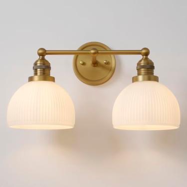 Imagem de Teqinchy Arandelas de parede douradas de 2 luzes, arandela vintage para banheiro com vidro de leite, braço duplo, latão para banheiro, luminária para sala de estar, quarto, cozinha, E26, fio rígido