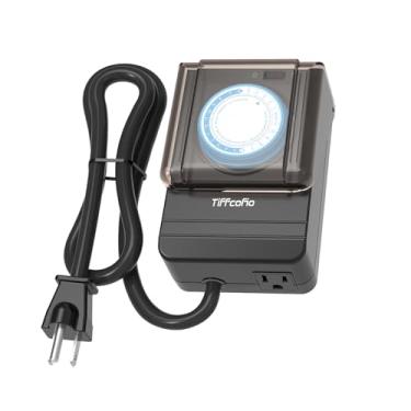 Imagem de TiFFCOFiO Temporizador mecânico resistente ao ar livre à prova d'água, intervalos de 15 minutos, temporizador de bomba de piscina externa 24 horas com cabo de 6 m, 1 tomada aterrada para luzes