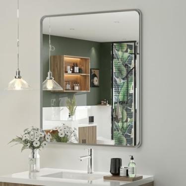 Imagem de OKPAL Espelho emoldurado de prata de 71 x 81 cm, espelho de banheiro de níquel escovado para parede, espelho retangular arredondado moderno, espelho de vaidade prata escovado, antiferrugem, vidro HD