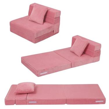 Imagem de MeMoreCool Sofá-cama dobrável para crianças, cadeira dobrável de veludo cotelê, cadeira de futon, pequeno colchão dobrável para meninas e meninos, sofá infantil portátil para dormir, rosa