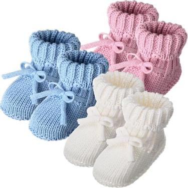 Imagem de Evervibe 3 pares de botas de malha para bebês recém-nascidos de 0 a 6 meses, sapatos aconchegantes para bebês meninas e meninos, branco, rosa, azul, 0-6 meses