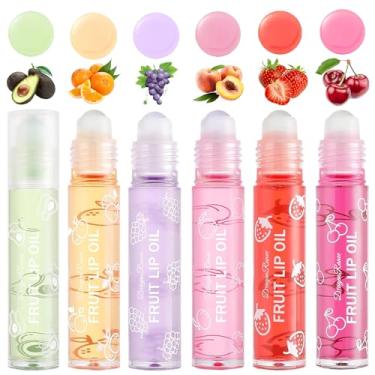 Imagem de Gireatick Conjunto de 6 óleos labiais com sabor frutado, protetor labial hidratante de longa duração, conjunto de brilho labial roll-on, maquiagem brilhante para todas as idades, brilho labial