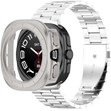 Imagem de QIEMUTER Pulseira de relógio de aço inoxidável para Samsung Galaxy Watch Ultra de 47 mm com capa de TPU, compatível com Galaxy Watch 7 Ultra Sports (prata)