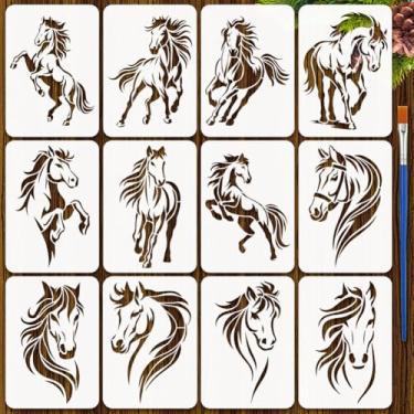 Imagem de FINGERINSPIRE 12Styles estêncil de cavalo para lavagem de tinta com pincel 29 x 20 cm estêncil de pintura de cabeça de cavalo PET galopante modelo de tema animal para decoração de móveis de tecido de