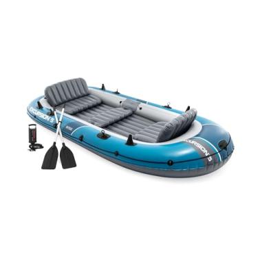 Imagem de INTEX Conjunto de barcos infláveis Excursion 5 66325EP: inclui remos de alumínio deluxe de 137 cm e bomba de alto rendimento – assentos ajustáveis com encosto – suportes de vara de pesca – 5 pessoas