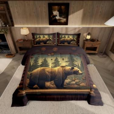 Imagem de jejeloiu Jogo de cama com estampa de urso, tamanho casal, para decoração de quarto de meninos, meninas, adolescentes, campo, rústica, respirável, macio, leve, microfibra, feminino, masculino, com 2
