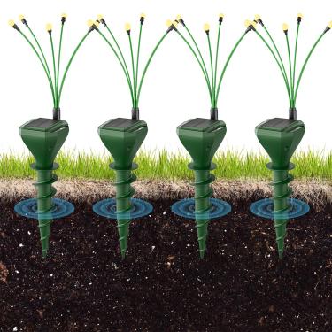 Imagem de Pacote com 4 estacas repelentes de toupeiras solares para gramado - Dissuasor de Gopher com luzes LED de vaga-lume, à prova d'água, controle de pragas ao ar livre para ratazanas, marmotas, cobras