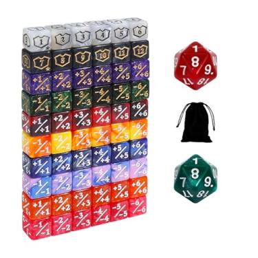 Imagem de SIXPOINTS 12mm MTG Dice Set with Plus 1/+1 Life Counter Spindown Dice in 8 Colors, Shield Ability Tokens & D20 Compatible with Magic The Gathering, TCG, Card Games Accessories (Color B-62pcs Dices)