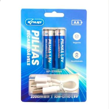 Imagem de 2 Pilhas Recarregáveis Knup AA 1.5V de Lítio com Carregamento Direto via Cabo USB-C e LED Indicador de Carga