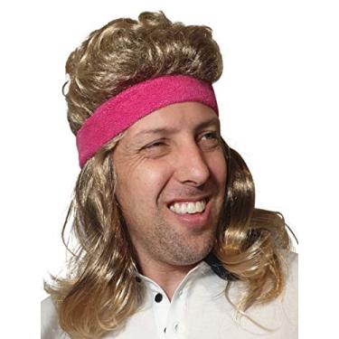 Imagem de HandinHandCreations Peruca Mullet Estilo Rocker Vintage Dos Anos 80, Longa, Loira, Marrom, Para Festa, Com Faixa De Cabeça Rosa Incluída... (Marrom)