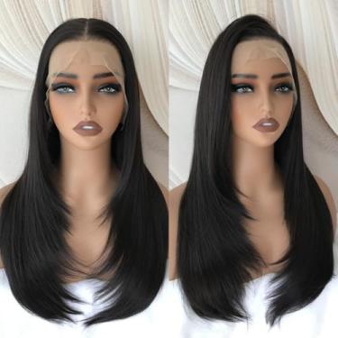 Imagem de QDBOWIN QUEEN HAIR Peruca preta sem cola pré-arrancada 33 x 15 HD perucas frontais de renda sintética em camadas longas para mulheres pode ser fácil de usar para iniciantes 55 cm