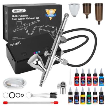 Imagem de OVAGA Kit de aerógrafo 32PSI com compressor, conjunto de aerógrafo multifuncional recarregável de dupla ação portátil com conjunto de tinta de aerografia 11 cores para pintura, maquiagem, decoração de