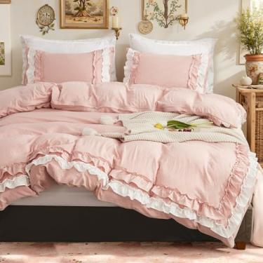 Imagem de Bedorm Conjunto de cama King com babados rosa, branco e rosa, com franja, romântico, decoração de quarto, casa de fazenda, rústico, conjunto de edredom