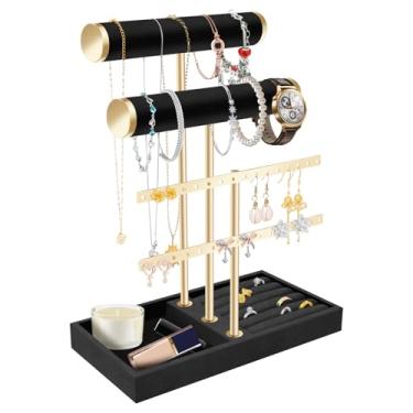 Imagem de FALESOUL Suporte de pulseira de 2 níveis, barra em T destacável de veludo preto, suporte de joias de veludo Scrunchie, com bandeja para pulseira, colar, relógios, anéis