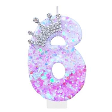 Imagem de Vela roxa de aniversário número 6 para bolo, coroa roxa, enfeite de bolo, decorações de festa de aniversário de princesa, enfeite de cupcake, lembrancinhas de festa, suprimentos de decoração