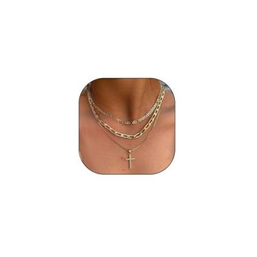 Imagem de ZZ ZINFANDEL Colar de cruz de zircônia cúbica em camadas grossas para mulheres e homens, corrente empilhável, crucifixo, pingente gargantilha moderna, colar de elos fígaro, joia personalizada, Large