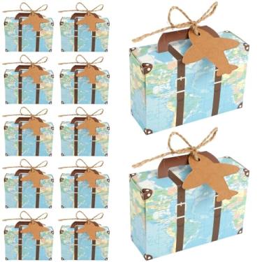 Imagem de ZFLYCANP Caixas de doces de festa, mini mala de viagem, caixa de lembrancinhas de festa, saco de papel vintage com etiquetas, barbante de serapilheira para decoração de festa, mini mala, caixa de