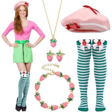 Imagem de Yearntown Conjunto de 5 acessórios de fantasia de morango para mulheres, chapéu boina de lã de morango, meias até a coxa, brincos, colar, pulseira, para cosplay de Halloween