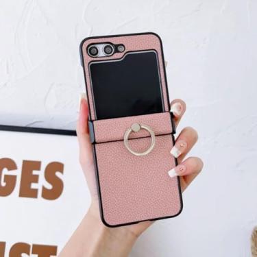 Imagem de Capa de couro para celular Samsung Galaxy Z Flip 6 5 4 3 Flip6 Flip5 Flip4 Flip3 5g com suporte de anel e capa à prova de choque (para Galaxy Z Flip5/rosa)