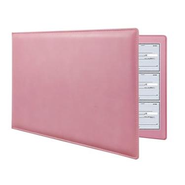 Imagem de Pasta para talão de cheques de negócios com 7 anéis, capacidade para 600 cheques, capa de couro PU, 23 x 33 cm, perfeita para negócios e finanças pessoais (rosa)