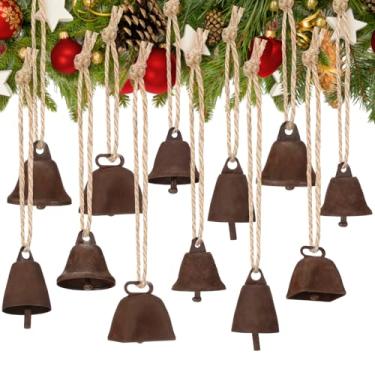 Imagem de Silkfly Conjunto de 12 sinos de Natal vintage rústicos com corda de juta para artesanato, enfeites de árvore de Natal, janelas de portas, grinaldas de manto feitas à mão, decoração de parede de metal