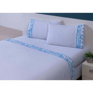 Imagem de Jogo Lençol 4Peças Cama Viúva Percal Bordado Branco Com Azul