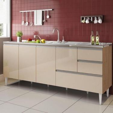 Imagem de BALCÃO MACEIÓ PARA PIA 2,00 MT 4 PORTAS COM GAVETÃO Amêndoa Off - Mila