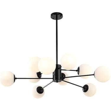 Imagem de Lustre moderno de meados do século, luz preta Sputnik, luminária de teto industrial vintage, luminária pendente de vidro leitoso branco para cozinha, ilha, quarto, sala de jantar, sala de es