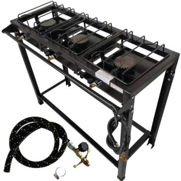 Imagem de Fogão Industrial 3 Bocas Alta Pressão, FERRO FUNDIDO, + Kit mangueira e registro, 95 x 35 x 80 cm, Preto