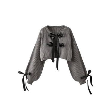 Imagem de Suéter de cardigã Verdusa Bow Tie Cropped Knit Cream Grey