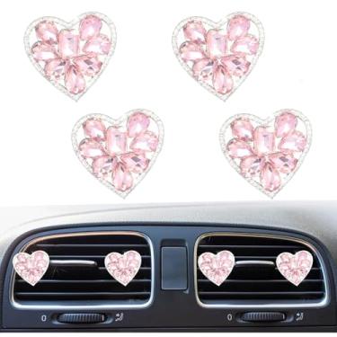 Imagem de Pacote com 4 clipes de ventilação de coração de cristal cintilante, lindos clipes de ventilação de purificadores de ar de carro engraçados, acessórios universais automotivos para mulheres (rosa)
