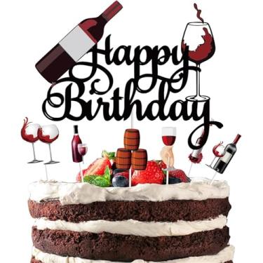 Imagem de LZGXZF 7 peças de topo de bolo de feliz aniversário adultos festa topo de bolo tema de torcida decoração de festa de aniversário suprimentos preto glitter cervejas copo de vinho bolo comemorando para