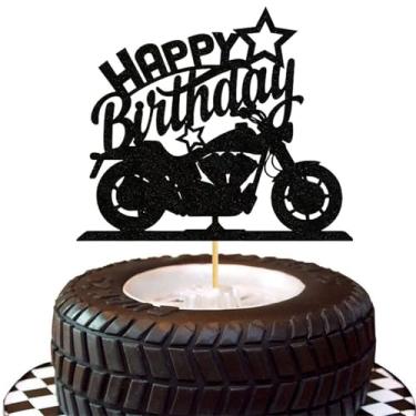 Imagem de LZGXZF Topo de bolo de feliz aniversário, topo de bolo de motocicleta, enfeite de cupcake personalizado, lembrancinhas de festa para crianças para homens e meninos, decoração de festa temática de