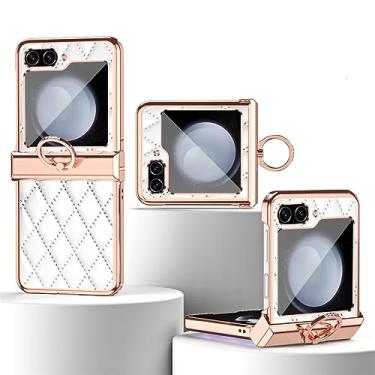Imagem de Capa de telefone de couro PU com anel galvanizado para Samsung Galaxy Z Flip 5 4 3 Flip5 Flip4 Flip3 5G Capa com suporte, branca, para Galaxy Z Flip3