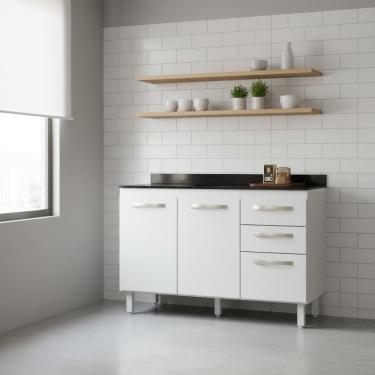 Imagem de Balcão Cozinha Com Tampo 2 Portas 3 Gavetas Pés Reguláveis - Branco