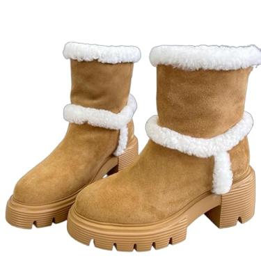 Imagem de Archicolor Botas femininas vintage fashion flocadas de salto quente Chelsea botas de lã de inverno botas de neve nórdicas botas femininas sapatos femininos, Caqui, 40
