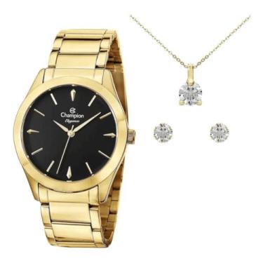 Imagem de Relógio Feminino Dourado Mostrador Preto Champion + kit de colar e brincos CN24691k