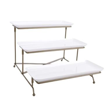 Imagem de Diydeg Suporte para Prato de Sobremesa de 3 Camadas, Estrutura de Metal Dourado Com Bandejas Brancas, Expositor de Biscoitos de Aço Carbono para Festas, Casamentos, Reuniões de Férias, (3 camadas)