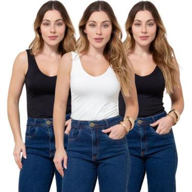 Imagem de Kit 3 Regatas Feminina Decote V em Poliamida - Maranne, Kit35, P