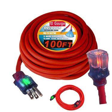 Imagem de 10/3 Contractor Grade 10 Gauge Extension Cord 100 ft Outdoor Heavy Duty Indoor Outdoor SJTW Lighted Outlet Extension Cord America Style (100 ft 10 Gauge, red Extension Cord)