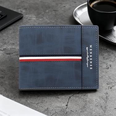 Imagem de Carteira masculina moderna, dobrável, macia e curta, para guardar 6 cartões, 1 cartão de identidade e 2 bolsos com zíper, padrão de listras intermediárias, carteira compacta de poliuretano retrô, Azul