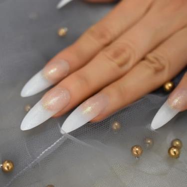 Imagem de Ombre White French Press On Nail Tips Shimmer Glitter Deco Unhas reutilizáveis extra longas unhas falsas arte