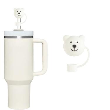 Imagem de Tampa de palha de urso branco de 10 mm para copo Stanley, topo de palha de silicone de urso compatível com copo Stanley de 30 e 1,134 g, capas fofas de ponta de canudo de 1 cm para acessórios Stanley