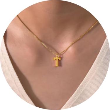 Imagem de Colar com inicial para mulheres, pingente de letra de aço inoxidável banhado a ouro 18K, bloco de A a Z, joia personalizada do alfabeto, 18+2in, Aço inoxidável, Sem Pedra Preciosa